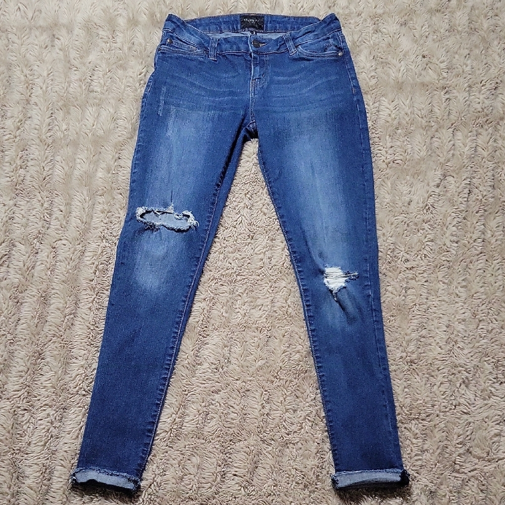 🌞Celebrity Pink Women's Distressed Blue Skinny Capris Size 1/25 - Picture 1 of 9